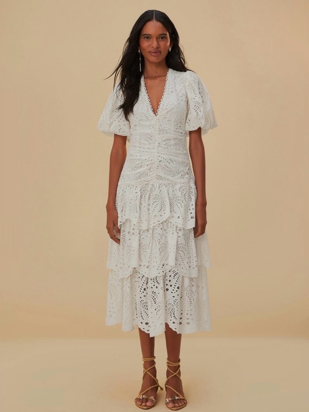 Farm Rio Eyelet Tiered Midi Dress in White - Size Large - Like New